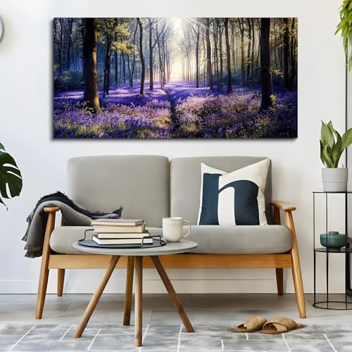 crmotu Purple Landscape Wall Art, Lavender Flower Field Large Artwork, Nature Forest Scenery Canvas Art Prints, Modern Pictures wall Decor Living Room Bedroom, Rustic Farmhouse Decor 24X48 Inches