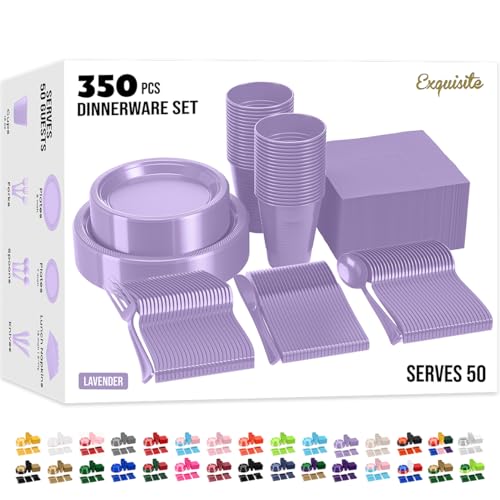 Image of Exquisite 350 Pcs Lavender Plates and Napkins Party Supplies Plate Sets | Sturdy Plastic Dinnerware Set With 9 inch & 7 inch Plates, 12 Oz Cups, Lunch Napkins and Cutlery Serves 50 for Birthdays & Everyday