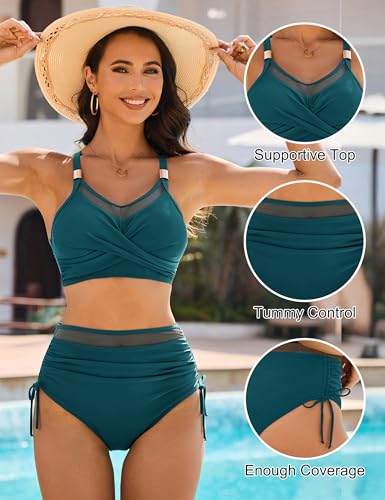 Blooming Jelly Women High Waisted Bikini Sets Tummy Control Swimsuits Modest Mesh Metal Crisscross Back Bathing Suit2