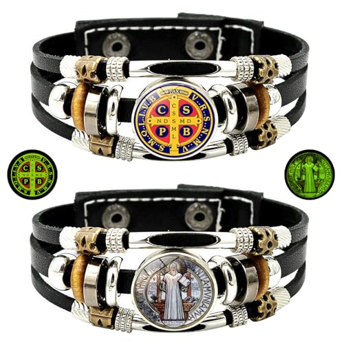 2Pcs Men's San Benito Bracelet Glow in The Dark Saint Benedict Cross Bracelet Multilayer Leather Braided Snap Buttons for Father Husband Couples Jewelry