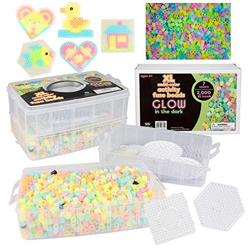 2,000 Piece Glow in the Dark XL Biggie Fuse Bead Kit- Immediate Shipping 3 XL Pegboards, 7 Colors, 6 Unique Templates, Ironing Paper and Case - Works with Biggie Larger Perler Beads, Pixel Art Project
