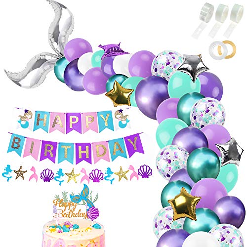 RUBFAC 311pcs Mermaid Party Supplies and Mermaid Happy Birthday Banner and Glitter Mermaid Cake Topper for Birthday Party Decorations