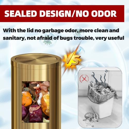 Image of Gold Trash Can, 8 Gallon Trash can with lid,Large Capacity FILP lid Kitchen Trash can for Bathroom,Shopping mall,Elevator gate,Airport, Hotel,Commercial (Gold)