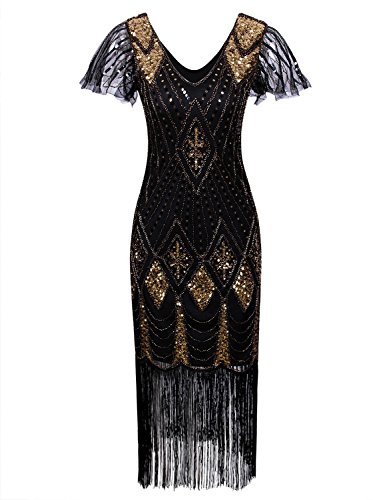 Vijiv Women Vintage Style 1920s Dresses Inspired Beaded Cocktail Flapper Dress With Sleeves For Prom Gatsby Party,Black Gold,Small