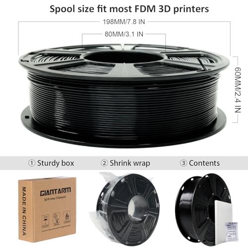 Image of GIANTARM 3D Printer Filament, Silk Black Pla Filament, 1Kg(2.2lbs) Spool, 1.75mm Dimension Accuracy + /- 0.03mm, 3D Printing Filament