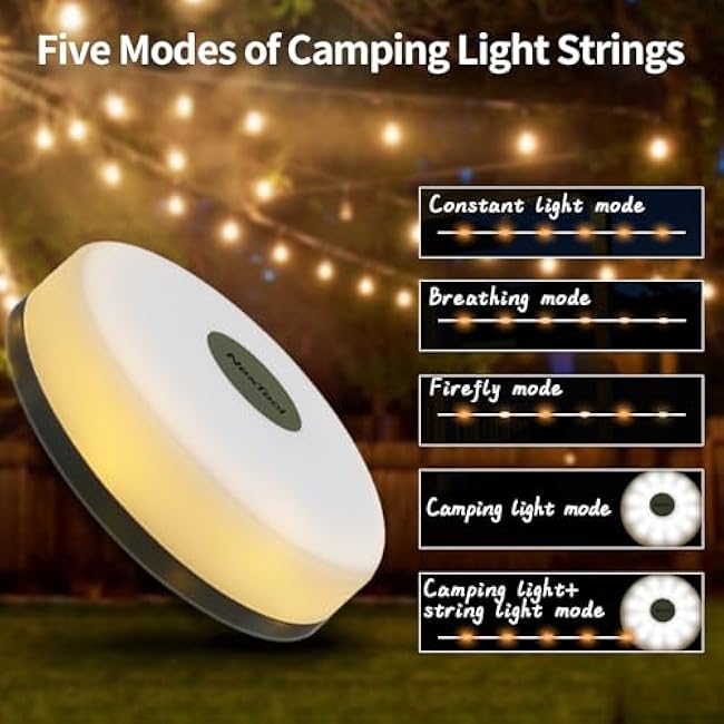 Camping Lights String, Outdoor String Light with 5 Lighting Modes, Quick 30s Recovery, Durable and Waterproof, USB Charging - Portable Camping Lights for Yard/Hiking (32.8ft)