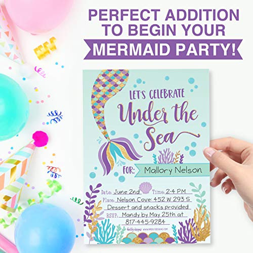 Image of Hadley Designs Kids Birthday Invitations Girl Mermaid Theme - 25 Mermaid Birthday Party Invitations For Girls, Under the Sea Invites For Girls, Cute Party Supplies, Made in USA