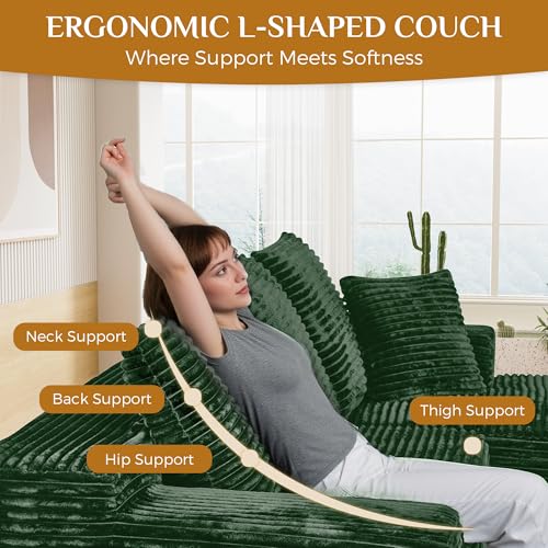 Image of 108 inch Boneless Cloud Sectional Couches for Living Room, Comfy Fluffy L Shaped Memory Foam Deep Seat Boneless Couch, Modular Sectional Sofa with Left Facing Chaise, Green