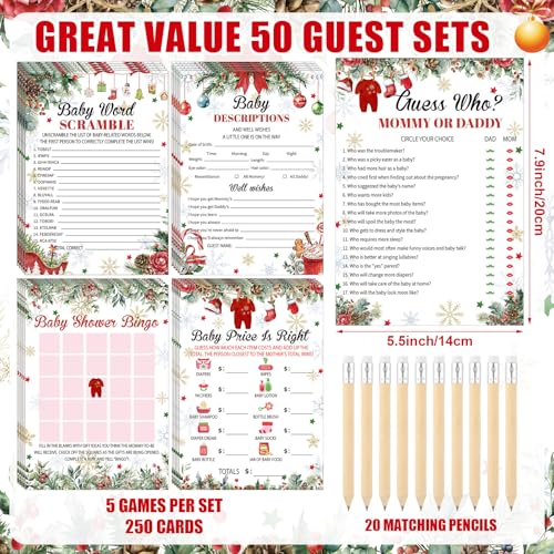 Image of Patelai 321 Pcs Christmas Santa Baby Shower Game Supplies Include 250 Activity Cards 20 Pencils 1 Don't Say Baby Sign 50 Clothespins for Price Is Right Prediction Bingo Game Party Decor