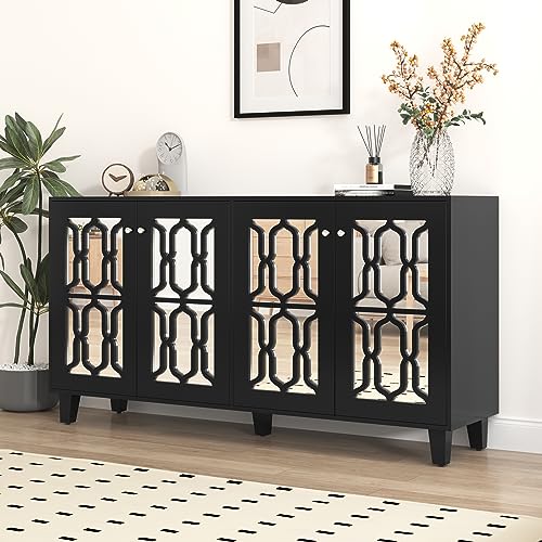 VIEKOS Aparador de espejo negro con asas de cristal fresco, cuatro puertas, con laminado móvil, para salón y comedor, 160 x 40 x 84 cm