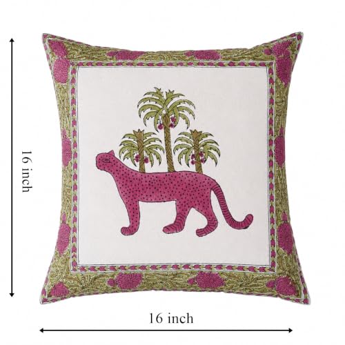 Image of Cotton Cushion Covers 16x16 Inch - Hand Block Floral Print Pillow Covers for Sofa, Couch & Bedroom (Pack of 5) (Pink White)