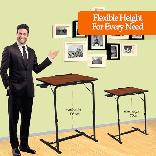 Image of Amazon Basics | Work Easy | Height Adjustable Laptop Table with Footrest | Adjustable Table Top Angle | Alloy Steel | Rustic Amber | 75 cm - H, 60 cm - L, 44.5 cm - W