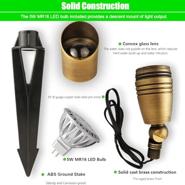 LED Brass Spotlight Uplight 12V Low Voltage Landscape Outdoor Lighting Waterproof Solid Brass Uplight Spotlight Accent Lighting Fixture Included a 12V Warm White MR16 LED Light Bulb