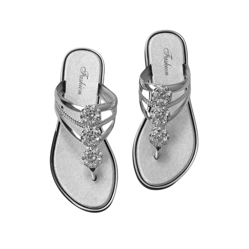 Women's Rhinestone Floral Decorative Slide Summer Sandals, Casual Clip Toe Shoes for Women Light Slippers, Comfortable Beach Shoes
