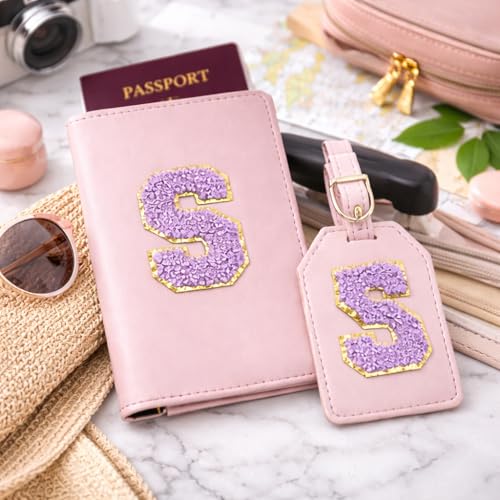 Image of Passport Cover & Bag Tag Combo | Personalized Initial Alphabet Custom A-Z Name Initial | Fits Standard Passports | Travel GiftIdeal Travel Gift for Women, Girls & Couples (Pink)