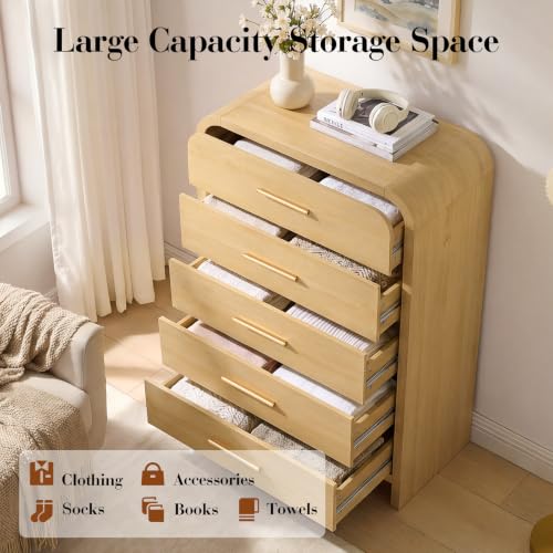 Image of Curved Drawer Dresser for Bedroom with 5 Drawers, 31'' Wide Chest of Drawer