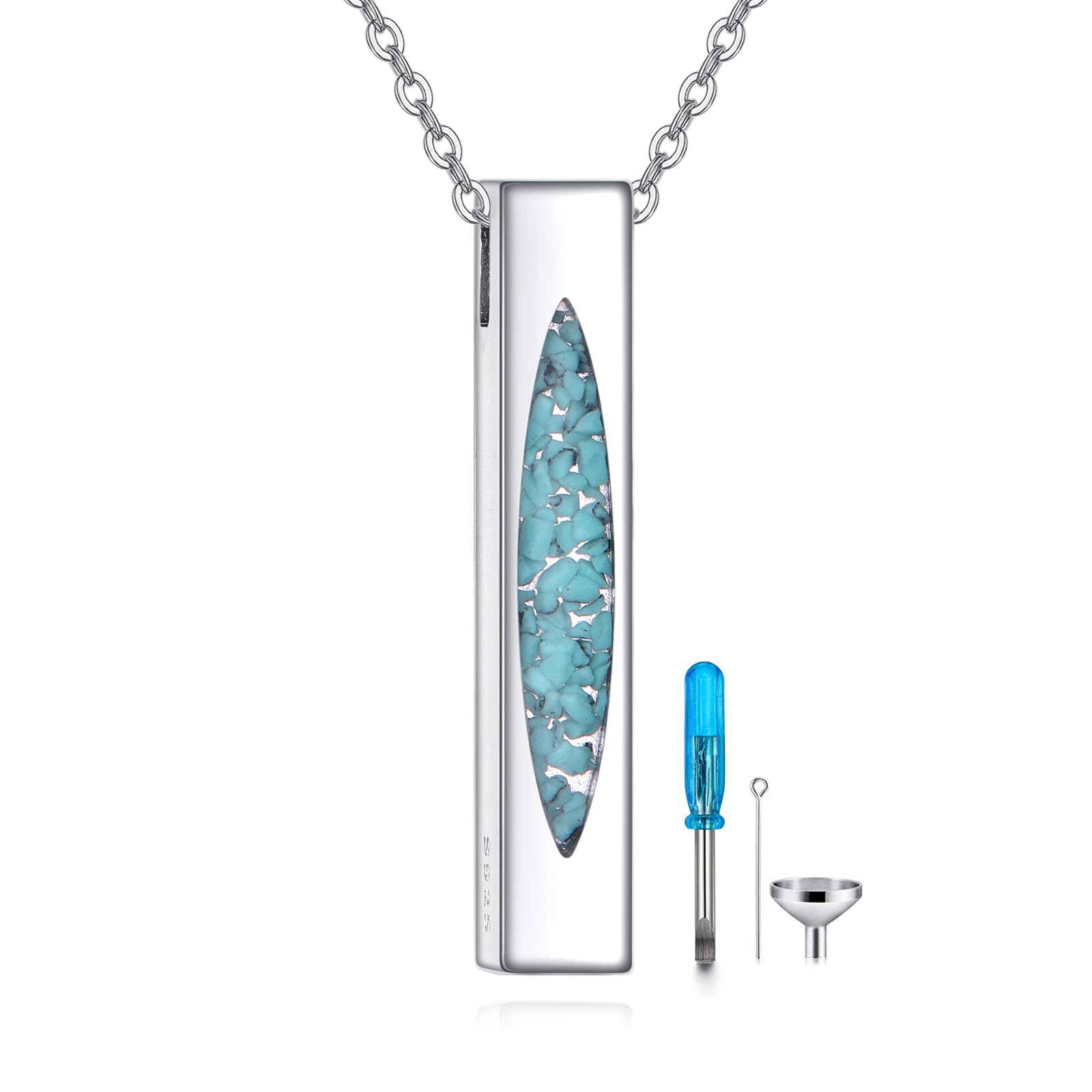 URONE Urn Necklace for Ashes 925 Sterling Silver Turquoise Urn Necklace with Hollow Bar for Ashes Memorial Keepsake Ashes Jewellery for Human Pets Ashes