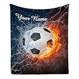 CUXWEOT Custom Blanket with Name Text,Personalized Soccer Fire Water Super Soft Fleece Throw Blanket...