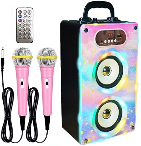 KaraMuizi Bluetooth Karaoke Machine for Kids and Adult, Wooden Wireless Speaker with LED Music Speaker MP3 Player with 2 Microphones for Party Birthday Gift (Cloud)