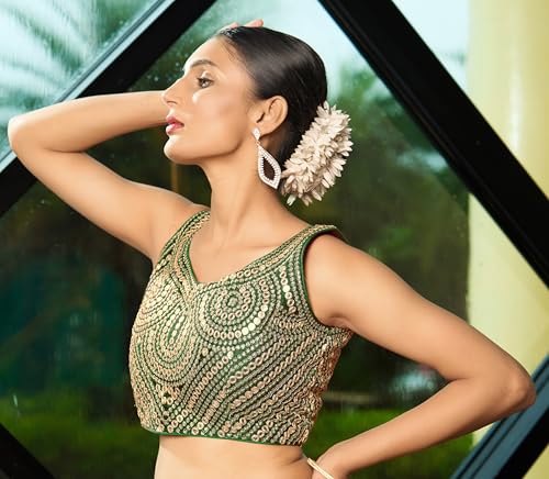 Image of Pujia Mills Fancy Women's foil Mirror and Thread Zari Work Sweetheart Neck Silk Sleeveless Blouse (PC Bindi Foil Parent)