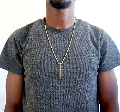 24K Gold Rope Chain Style Cross Pendant Necklace 3MM Cross Necklace Gift for MEN, HUSBAND FIANCE Thin for Charms Miami Cuban Link Diamond Cut Religious Beveled Edge4