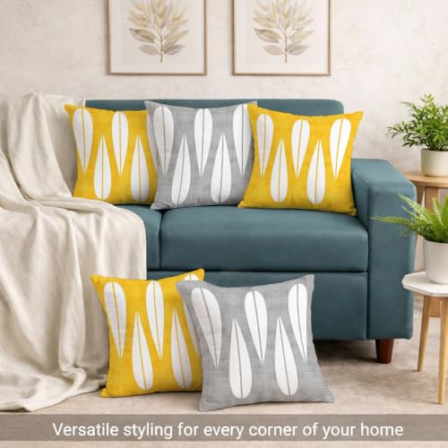 Image of STITCHNEST Leaf Yellow Grey Printed Poly Cotton Cushion Covers, Set of 5 (12 x 12 Inches with Filler)
