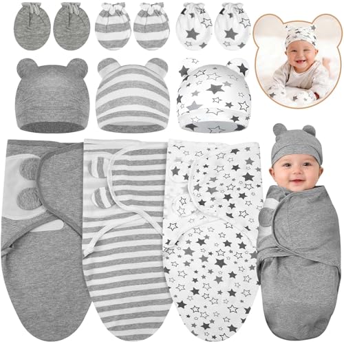 Flasoo 3 Pack Preemie Swaddle with Hat & Mittens Set Adjustable Cotton Swaddle for Preemie Baby Preemies Swaddles 4-7 Lbs for Baby Boy Girl Baby Sleep Sack for Newborn Essentials (Classic Style)
