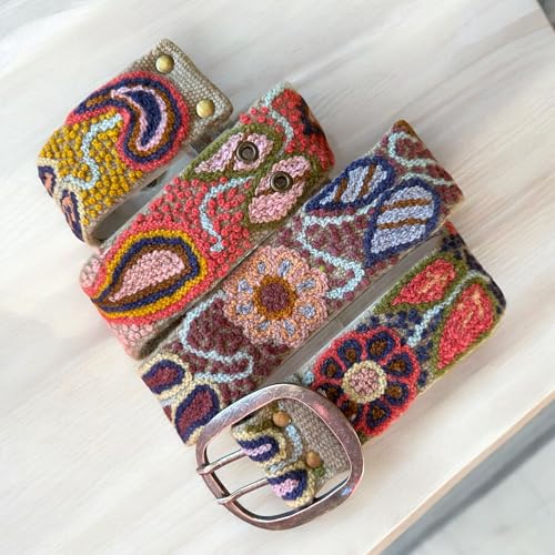 Hand Embroidered Peruvian Wool Belt, Flower Belt, Statement Belt - Bohemian Mosaic Tan Base4