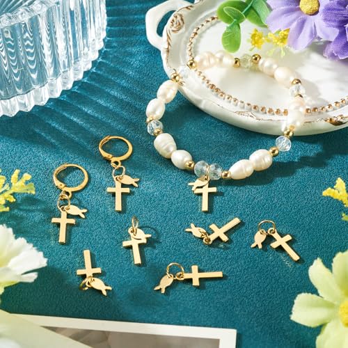 Image of 10Pcs 18K Gold Plated Cross Charms Brass Golden Crucifix with Fish Pendants Metal Permant Jewelry Charms with Jump Ring for DIY Bracelets Necklaces Earring Jewelry Making