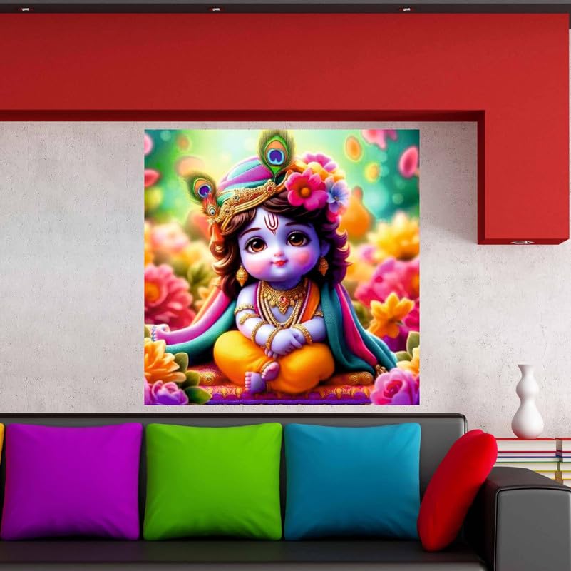 Image of British Terminal Cute little Bal Gopal Baby God Krishna| Kanha Ji | Laddu Lord Makhan Chor Painting Religious Poster for Pregnant Women for wall (matt thin vinyl,sticker,multicolor,unframed)| bj203