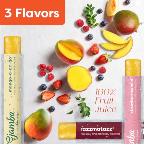 Image of Jamba Smoothie Pops Variety Pack, 16 Count - 100% Fruit Juice Freezer Pops, No Added Sugar, or Colors, 4g Fiber per Serving - Mango-a-go-go, Razzmatazz & Strawberries Wild