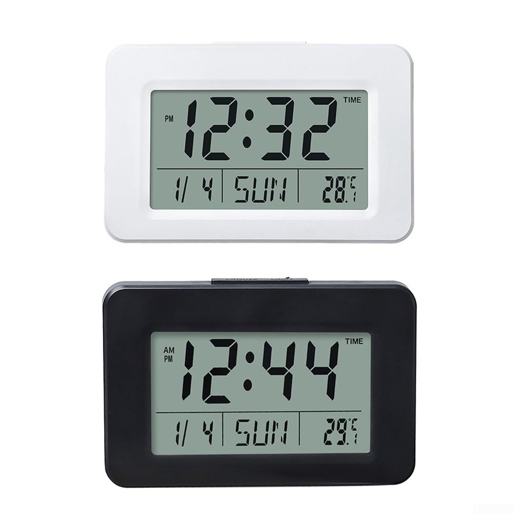 Reloj despertador digital con pantalla LCD para calendario perpetuo, monitor de temperatura y humedad, 9 tonos musicales, formato 12/24h, retroiluminación para dormitorio, escritorio, oficina