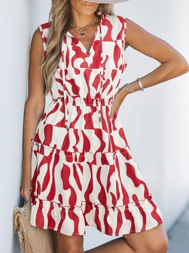 Image of CUPSHE Womens Summer Dresses Tie Neck Sleeveless Tiered Ruffle A-Line Tunic Mini Dress