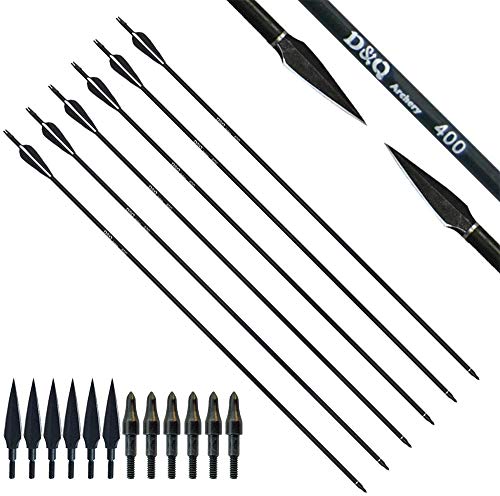 D&Q 31Inch Pure Carbon Archery Hunting Arrows Spine 400 Targeting Arrows with Removable Tips Archery Broadheads for Compound & Recurve Bow (Pack of 6) (6pcs Pure Carbon Arrows+6pcs Archery Broadheads)