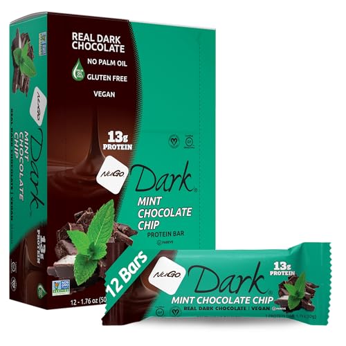Image of NuGo Dark Chocolate Mint Chocolate Chip, 13g Protein Bar, Vegan, Gluten Free, Non-GMO, Kosher Pareve, 12 Count
