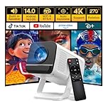 Mini Projector for Bedroom Portable WiFi 6 and Bluetooth 5.4, Built-in Apps Android 14 OS 1080P Support Ceiling Home Theater Auto Keystone 270° Rotatable Indoor Outdoor VisualCube 300 White
