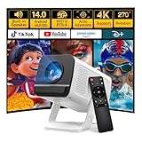 Mini Projector with WiFi 6 and Bluetooth 5.4 Built-in Apps for Bedroom Portable Projector Android 14 Smart Auto Keystone 1080P 4K Support Compatible with iOS/HDMI/TV Stick VisualCube 300 White