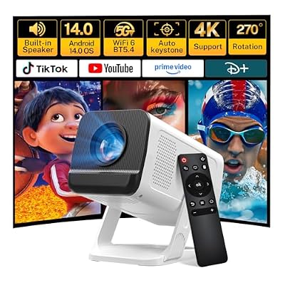 Mini Projector with WiFi 6 and Bluetooth 5.4 Built-in App for Bedroom Portable Projector Android 14 Smart Auto Keystone 1080P 4K Support Compatible with Netflix/iOS/HDMI/TV Stick/Phone Remote X1 White