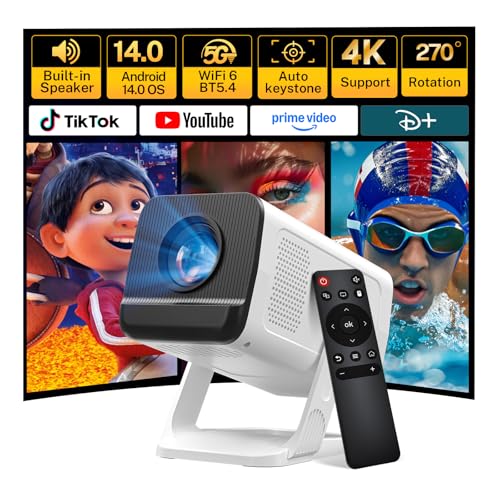 Image of Mini Projector with WiFi 6 and Bluetooth 5.4 Built-in Apps for Bedroom Portable Projector Android 14 Smart Auto Keystone 1080P 4K Support Compatible with iOS/HDMI/TV Stick VisualCube 300 White