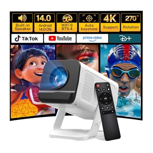 4K unterstützt Mini Beamer mit Android 14 OS Klein Projektor mit WiFi 6 Bluetooth 5.4, 270° Drehung Smart Portable Projector Kompatibel mit iOS/HDMI/USB/iPhone LYNCAST VisualCube 300 White