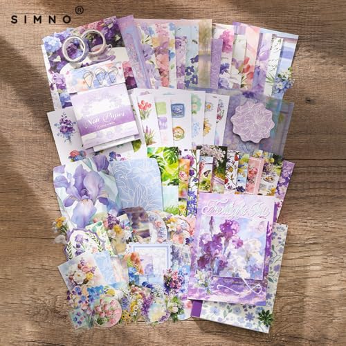 Image of VIBE VISTA Vintage Aesthetic Scrapbook Kit, 346 Pcs, A6 Grid Notebook, Washi, Envelopes, Scrapbook Papers, Folding Labels, Background Papers, Photo Frames, Calendar Stickers, Stickers (Twilight iris)