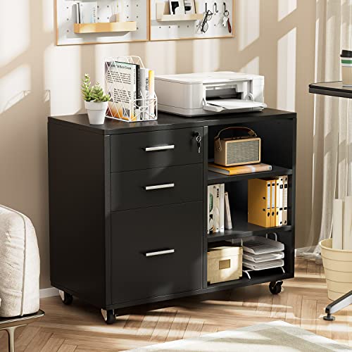 Shahoo 3 Drawer Mobile File Cabinet, Wood Lateral Printer Adjustable Open Storage Shelf, Lockable Wheels For Home Office, Black #TOP1