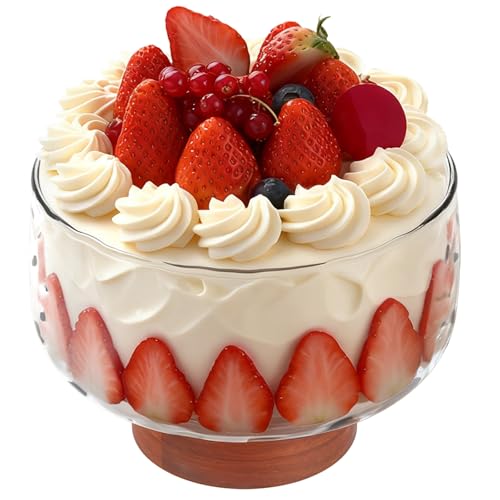Foppla 3.5L Large Glass Trifle Bowl Elegant Wood Stand Glass Serving Dish Crystal Dessert Dish Fruit Mixing Vessel Cake Display Platter Versatile Glassware Tureen Easy to Clean Party Kitchen(Brown)