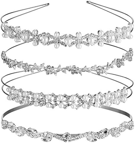TecUnite 4 Pieces Rhinestones Wedding Headbands Crystal Flower Girl Leaves Crown Headband Tiara Women's Faux Pearl Rhinestones Headdress for Bride Bridesmaids Wedding Party (Style Set 1)