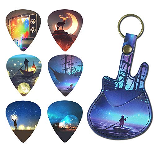 Guitar Picks - LIZIMANDU 12 Medium Gauge Celluloid Guitar Picks In Guitar Shaped Picks Holder. Unique Guitar Gift For Bass, Electric & Acoustic Guitars(Science Fiction)