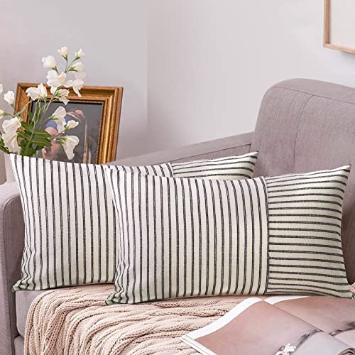 Juego de 2 fundas de almohada modernas de lino a rayas negras para sofá, silla y dormitorio, fundas de cojín de 50 x 50 cm (paquete de 2)