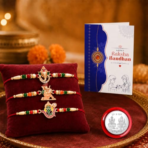 Image of Periapt Raksha Bandhan Rakhi Set for Brother | Pack of 3 Lord Ganesha Ji Designer Rakhis | Religious Rakhi Combo with Shubh Labh Coin and Greeting Card