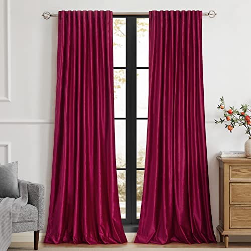 Image of PRIMROSE Red Curtains 84 inch for Living Room Velvet Drapes Blackout Rod Pocket Back Tab Window Treatment Semi Room Darkening Decor Curtains for Bedroom Set of 2 Panels