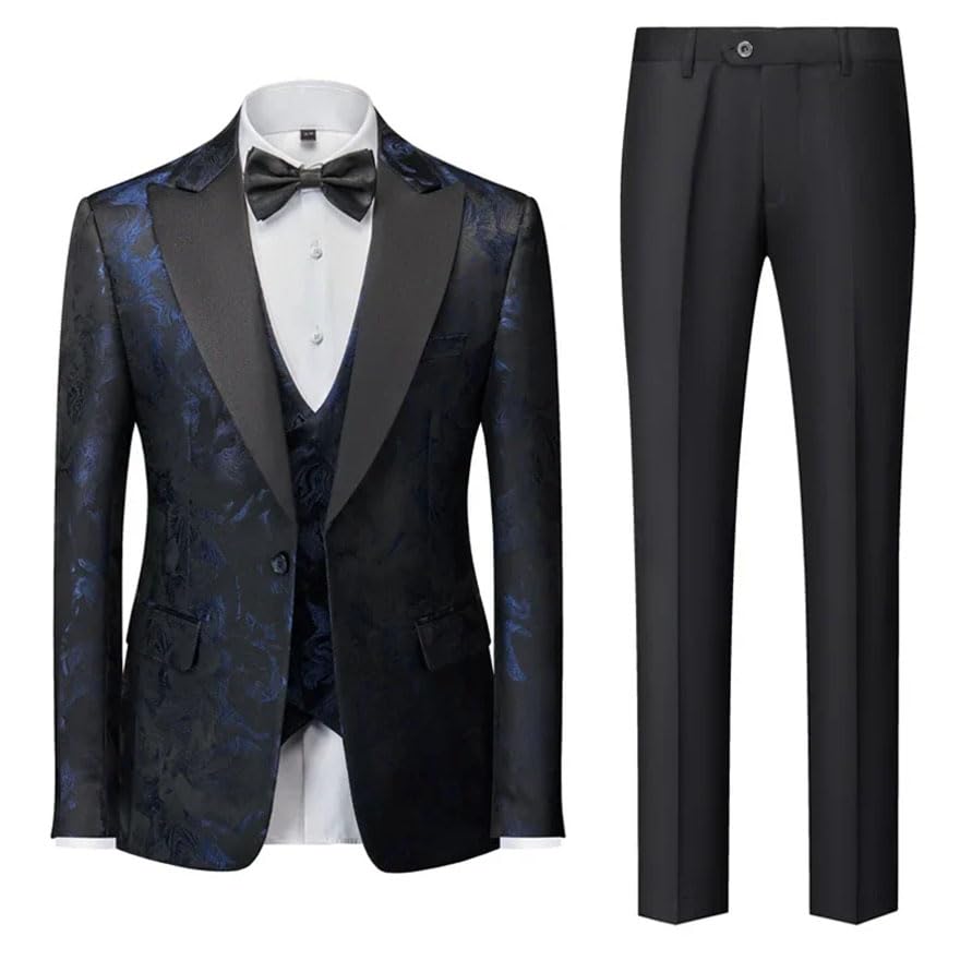 Men Three Pieces Suit Textured Dress Jacket with Pants Vest Wedding Party Blazer Coat Trousers2