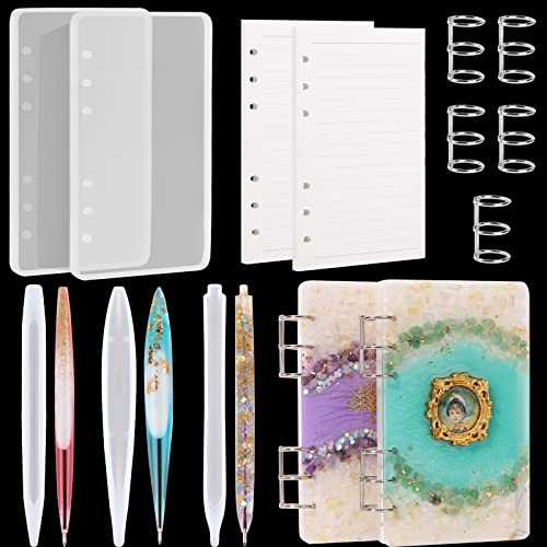 Resin Pen and Notebook Molds Complete Set,Silicone Molds for Epoxy Resin Including 3pcs Pen Molds,2pcs Notebook Cover Molds,Pen Refills,Loose Leaf Papers & Binder Rings